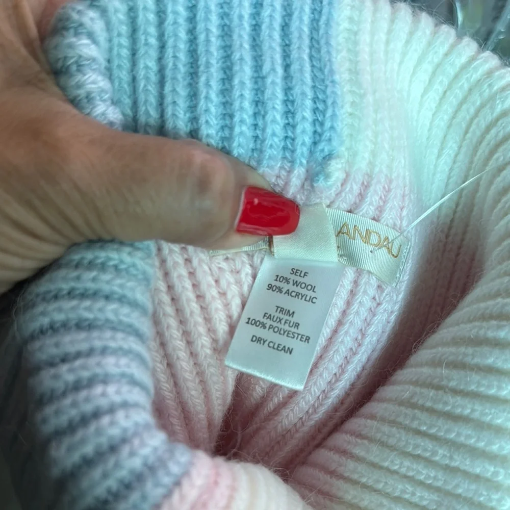 Adrienne Landau NWT Pink and Blue Combo Knitted Pom-Pom Beanie Hat